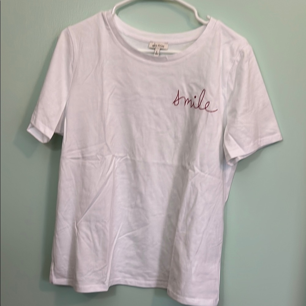 White T-Shirt with Pink 'Smile' Embroidery